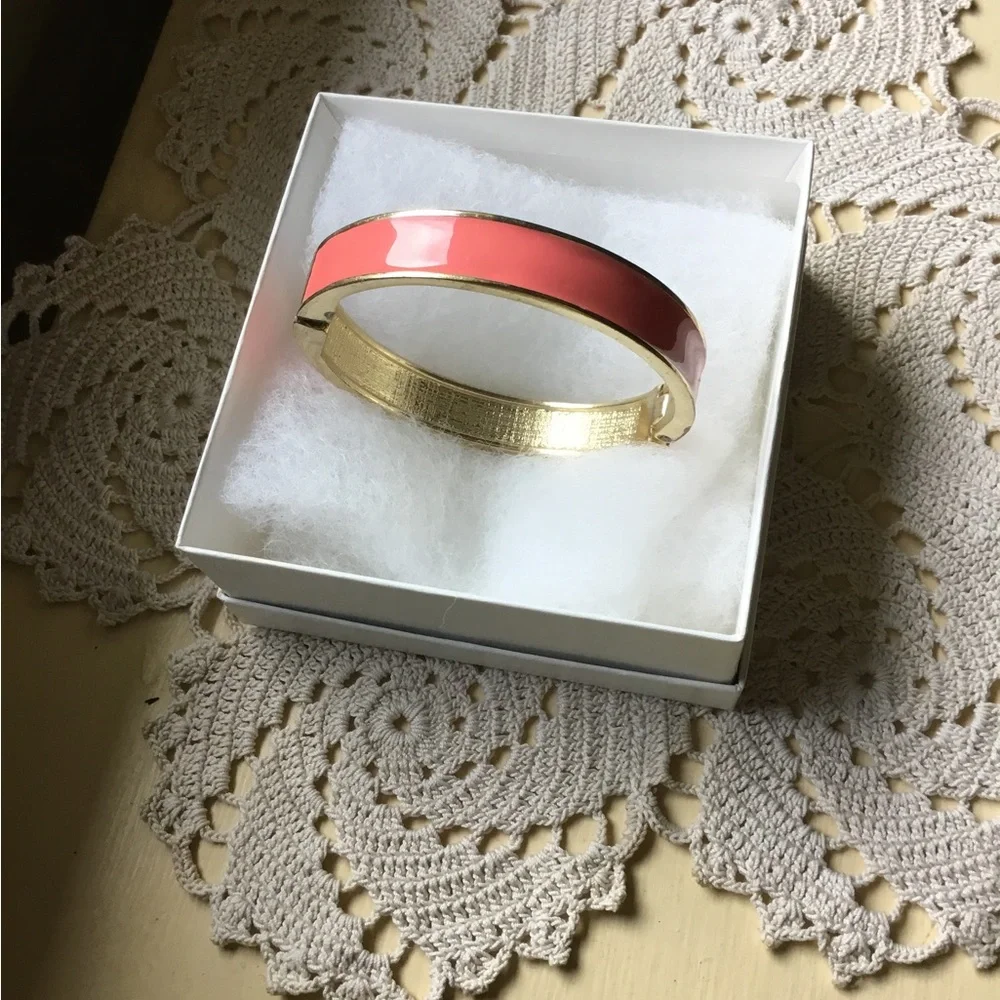 Coral Peach and Gold Hinged Bangle Bracelet